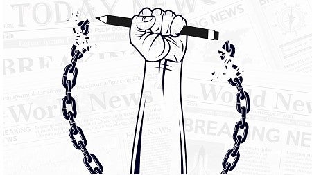 Hand holding pencil breaking chains in front of newpapers