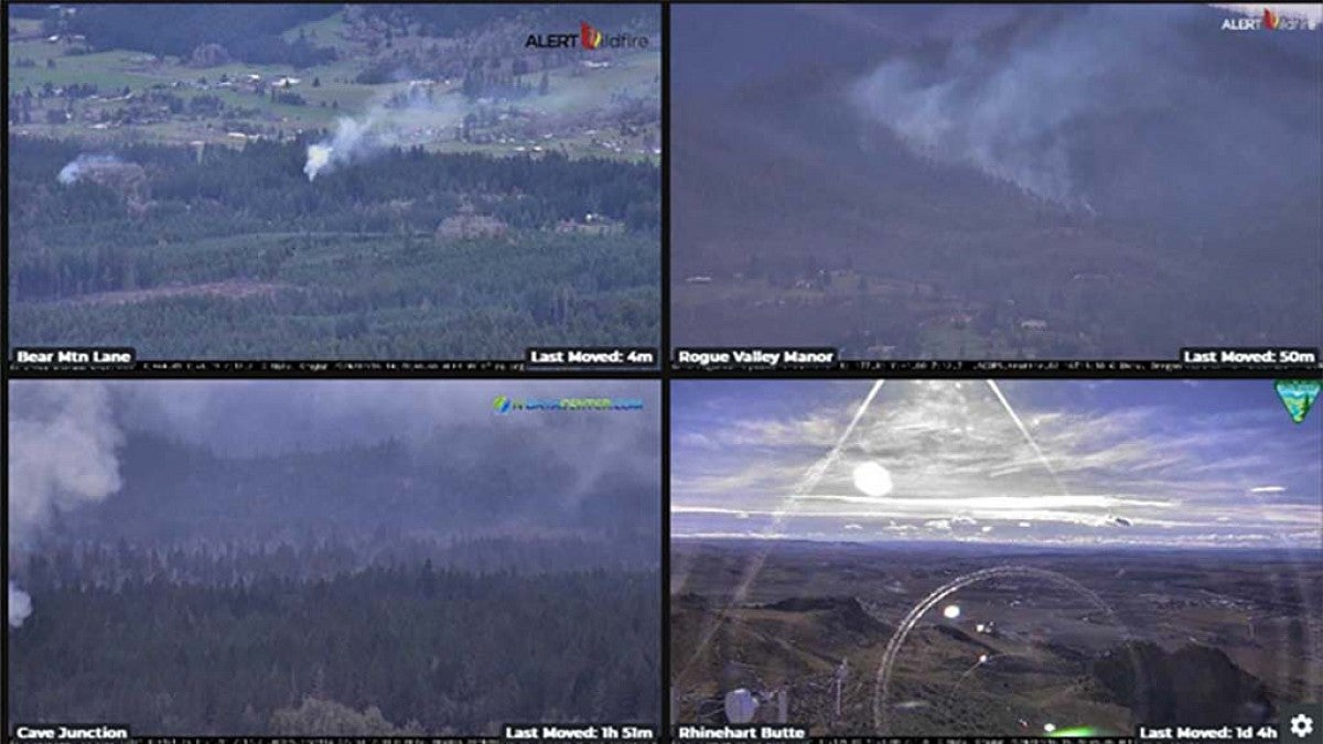 Four camera views from wildfire monitors